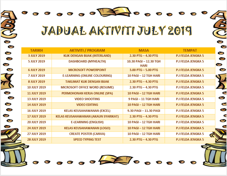 JADUAL AKTIVITI JULY 2019