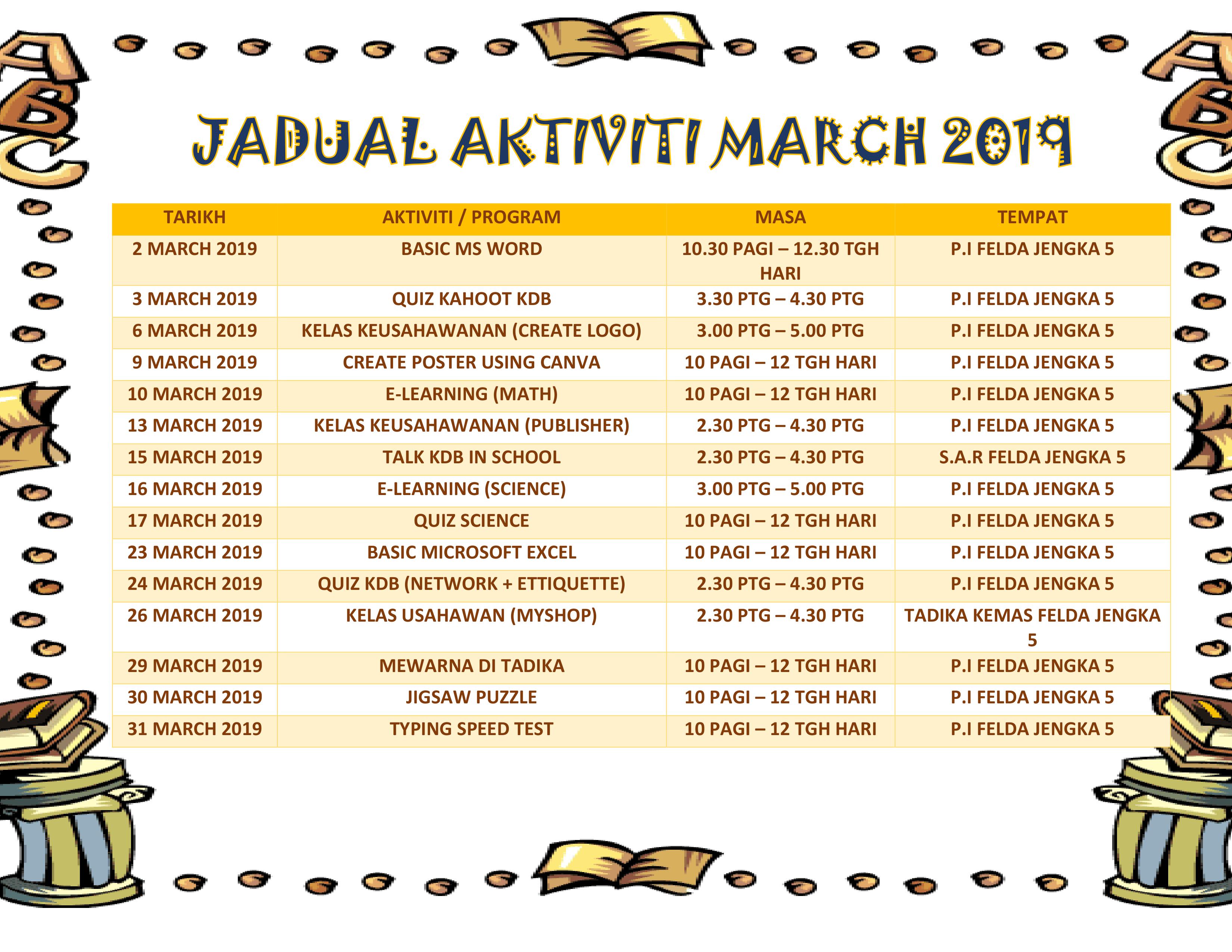 JADUAL KELAS MARCH 2019