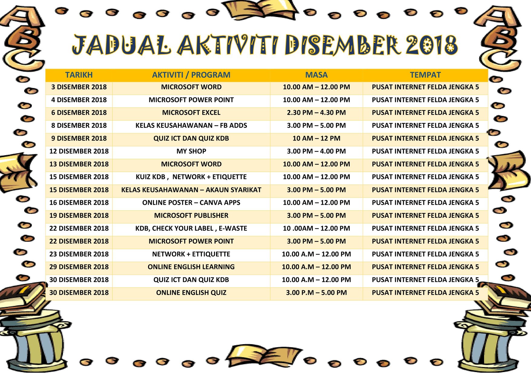 jadual aktiviti disember